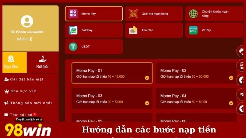 Hướng dẫn các bước nạp tiền
